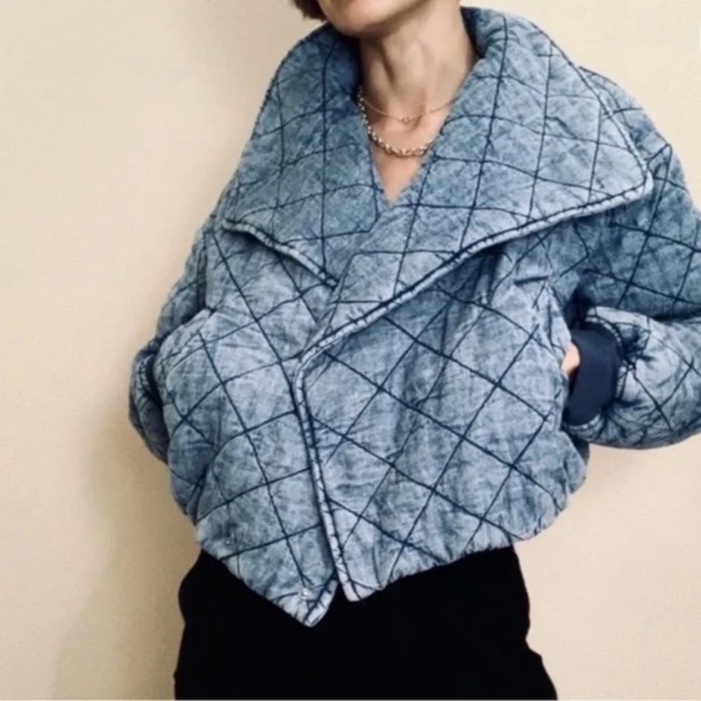 Blank NYC Quilted Oversized Blue Bomber Jacket